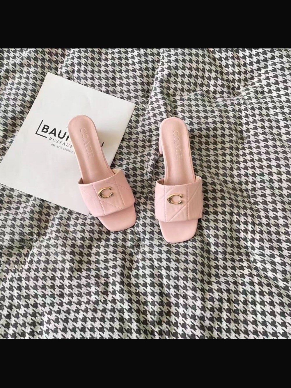 Coach Pink Quilted Slide Sandals with Gold 'C' Accent